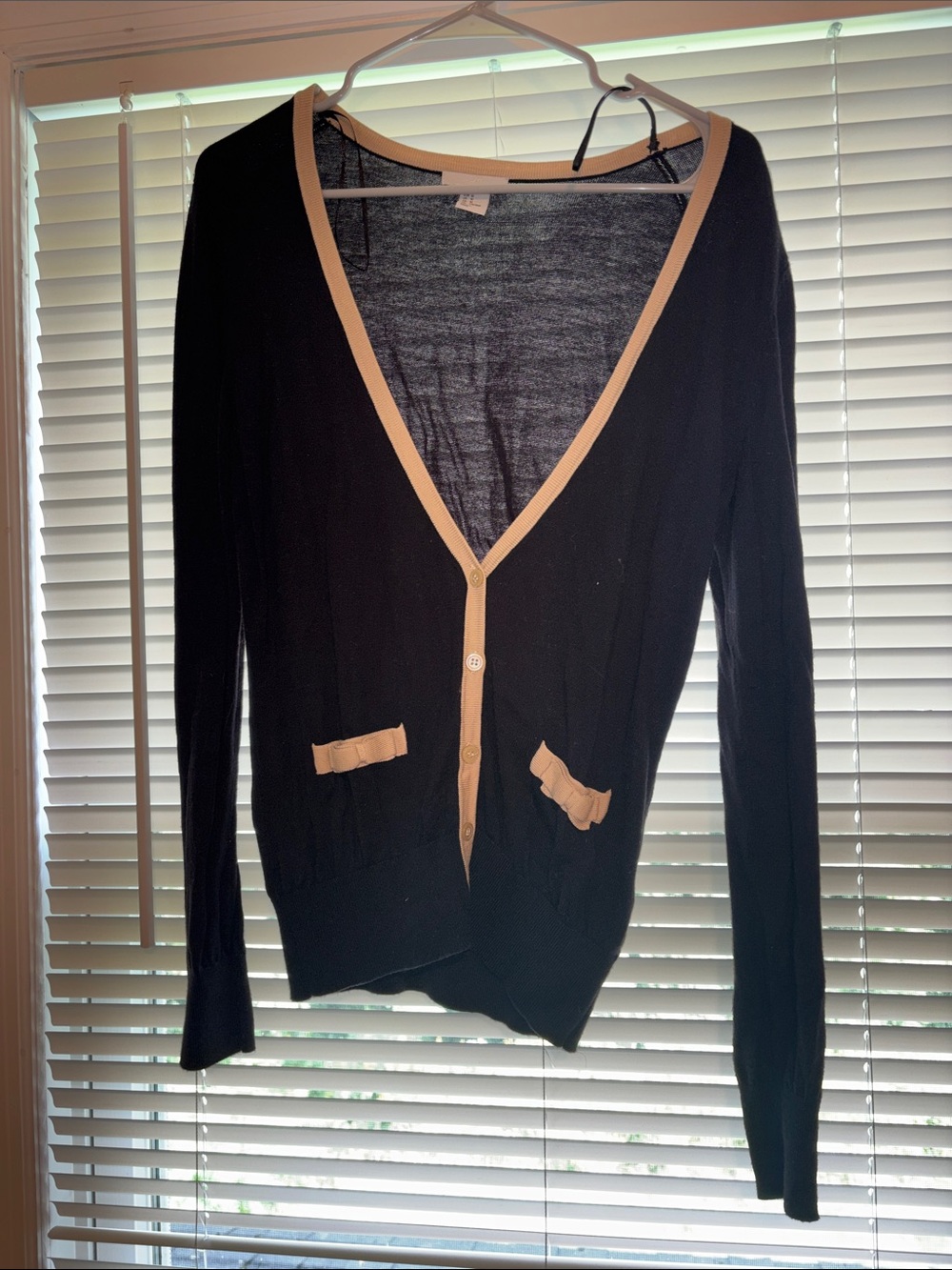 H&M Black Cardigan with Beige Trim and Pocket Bows